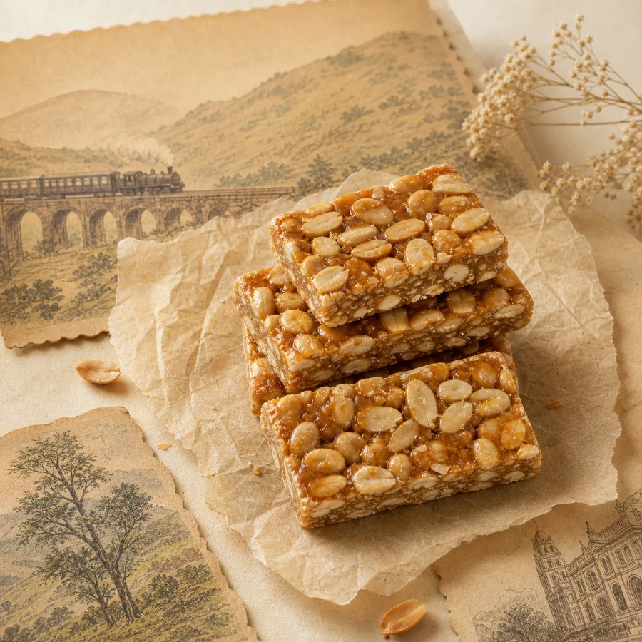 Stacked Lonavala Peanut Chikki pieces on handmade paper